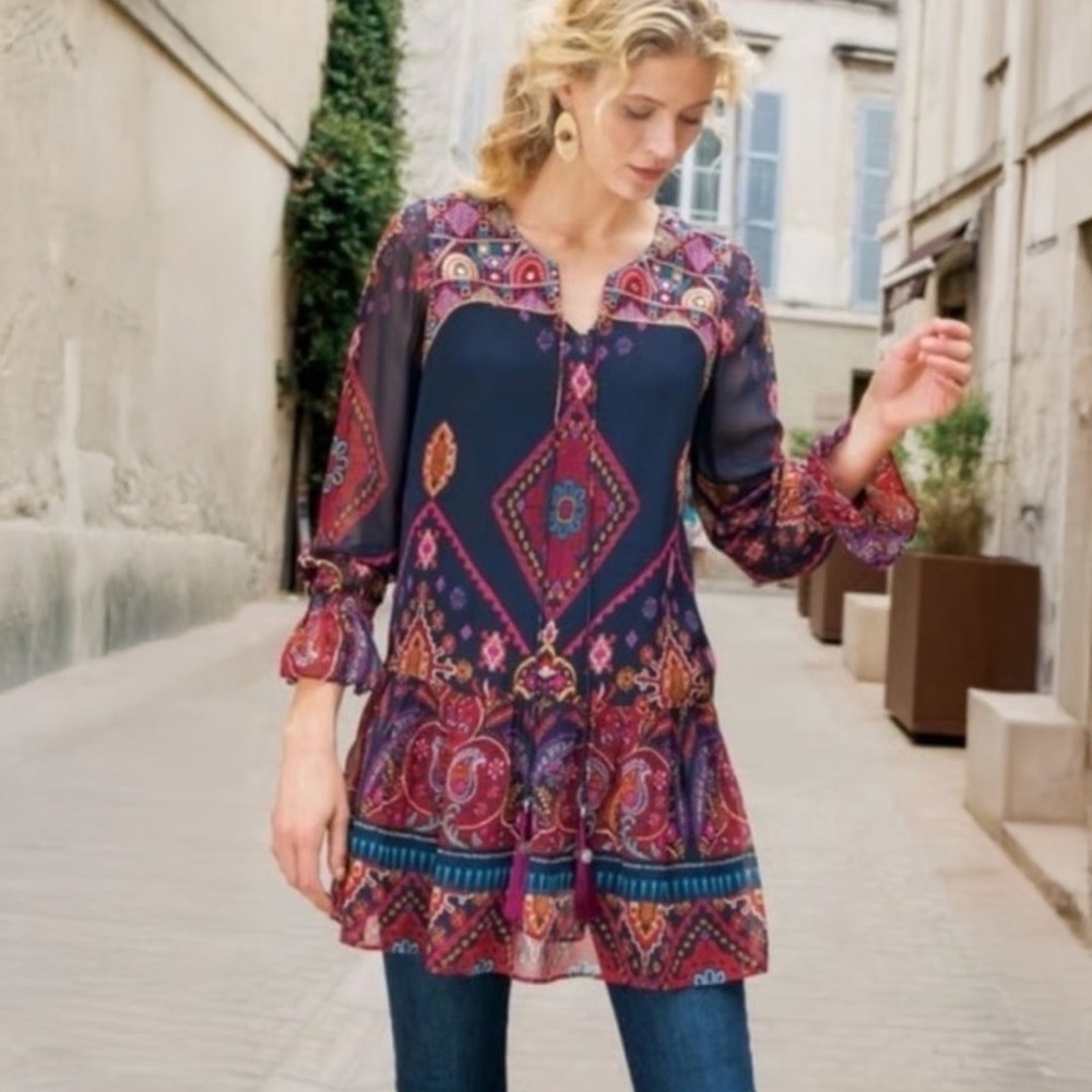 Soft Surroundings - Iskra Embroidered Tassel Tunic Top - Chiffon Navy